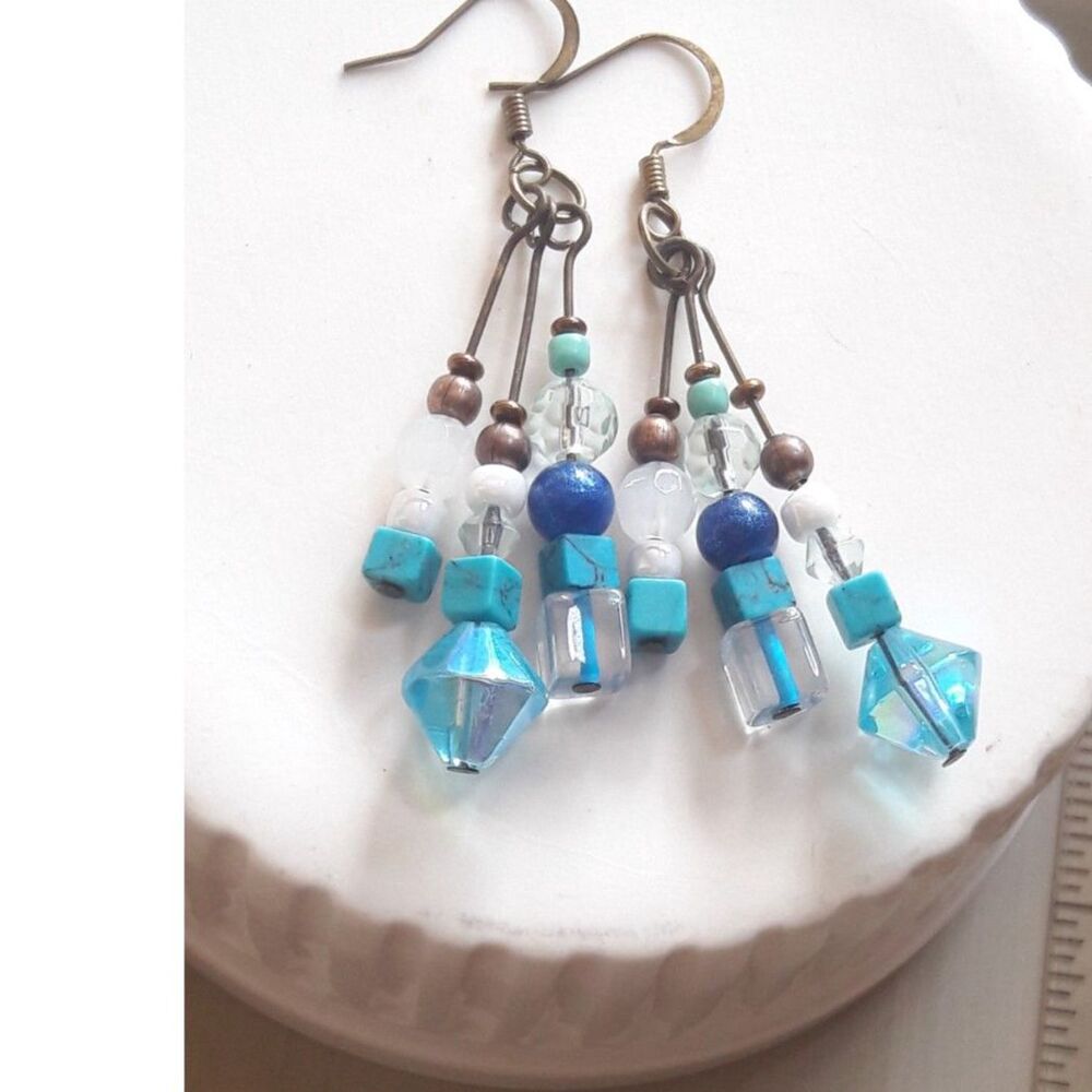 Artisan earrings  366#Fs NEW bohemian Blue Fringe long dangle earrings handmade